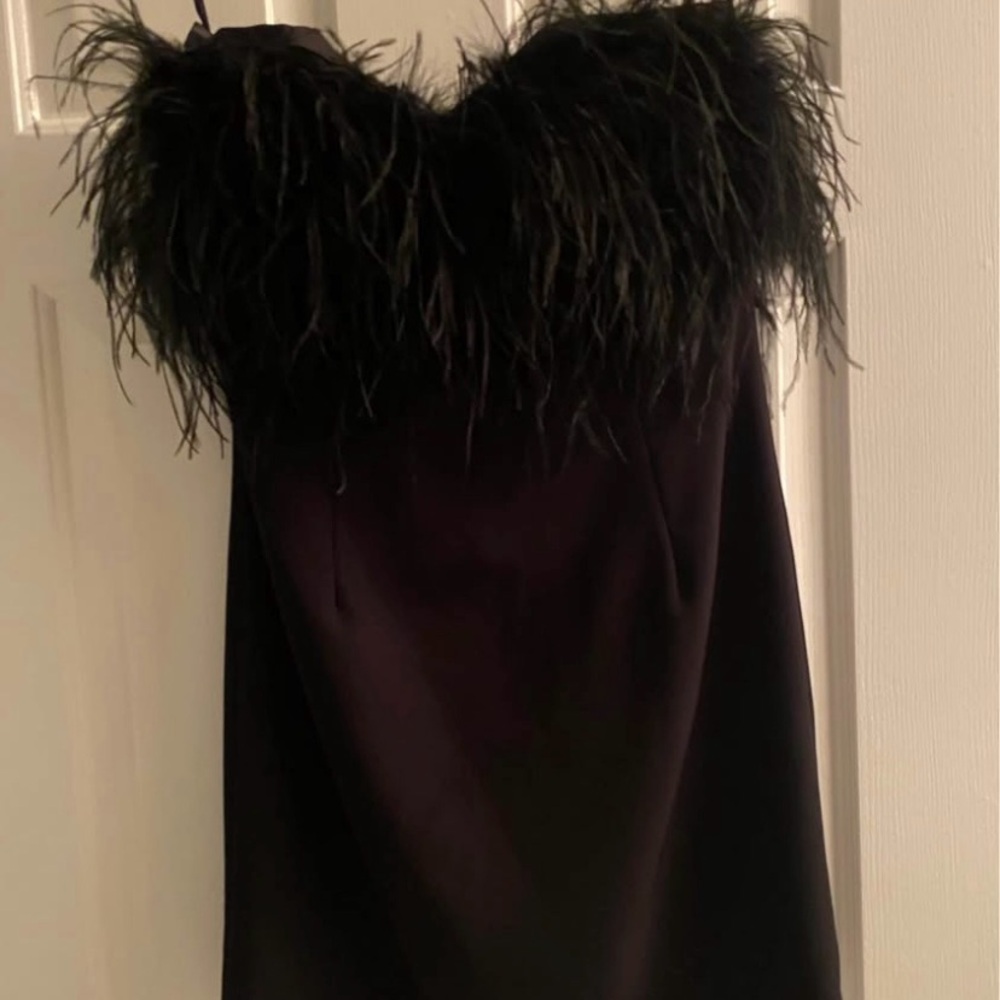 Bardot Strapless Black Dress with Feather Detail